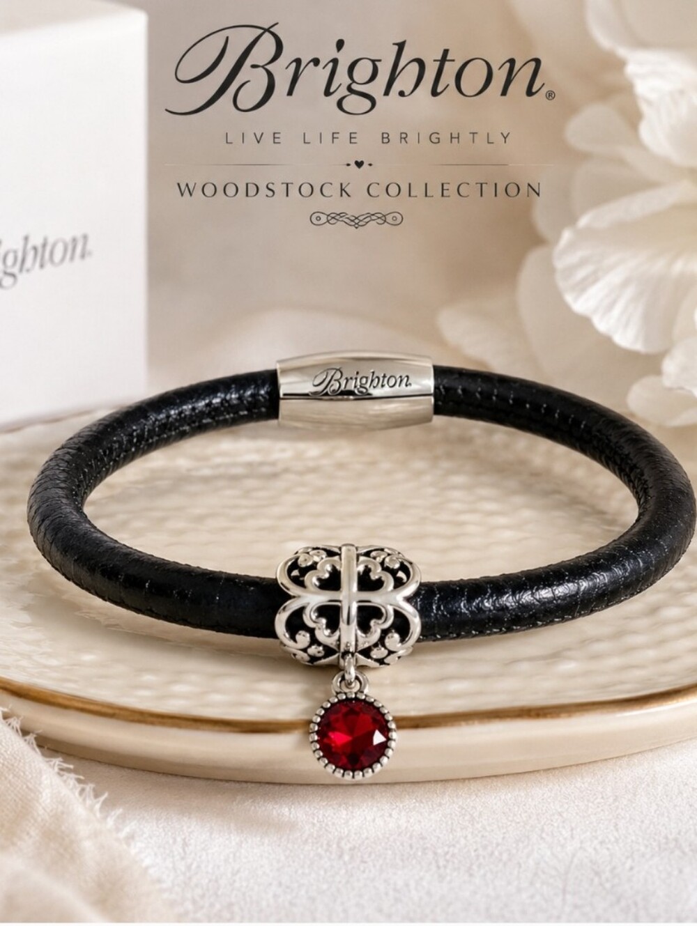 Brighton Woodstock Black Leather Bracelet Ruby Red Crystal Charm Magnetic Clasp